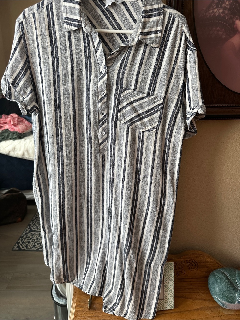 Adrienne Vittadini Blue & White Striped Midi Shirt Dress